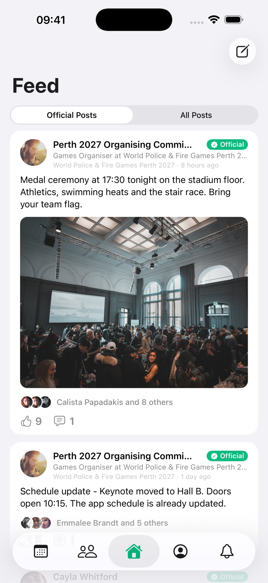 The SixSides app showing the event community feed